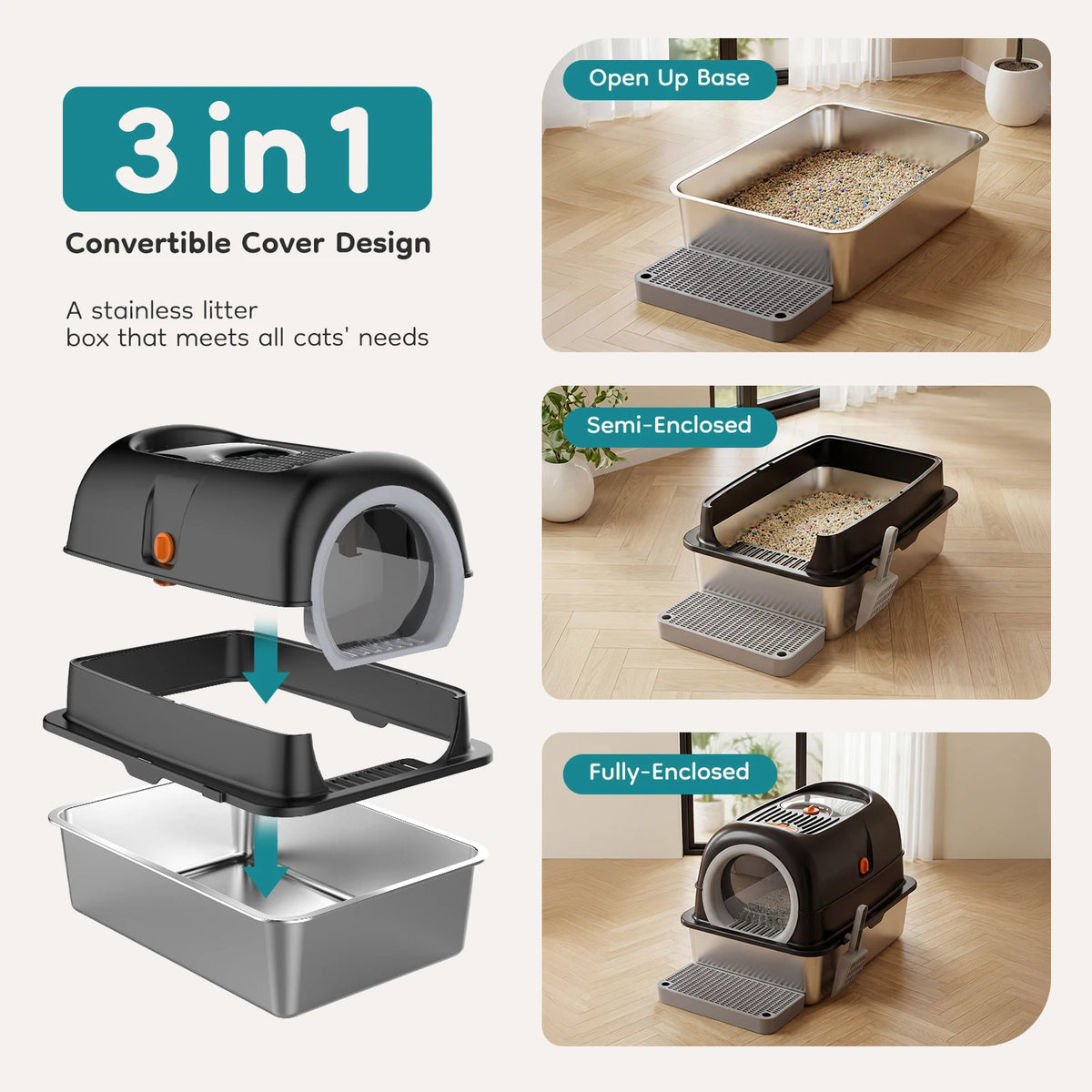 Stainless Steel Fully Enclosed Cat Litter Box With Safe Door