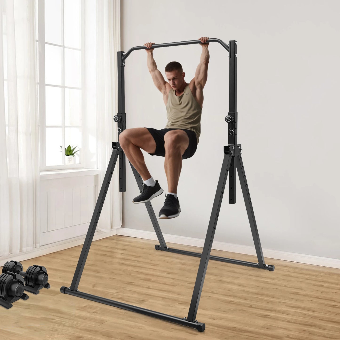 Foldable Pull Up Bar and Dip Station with Adjustable Height