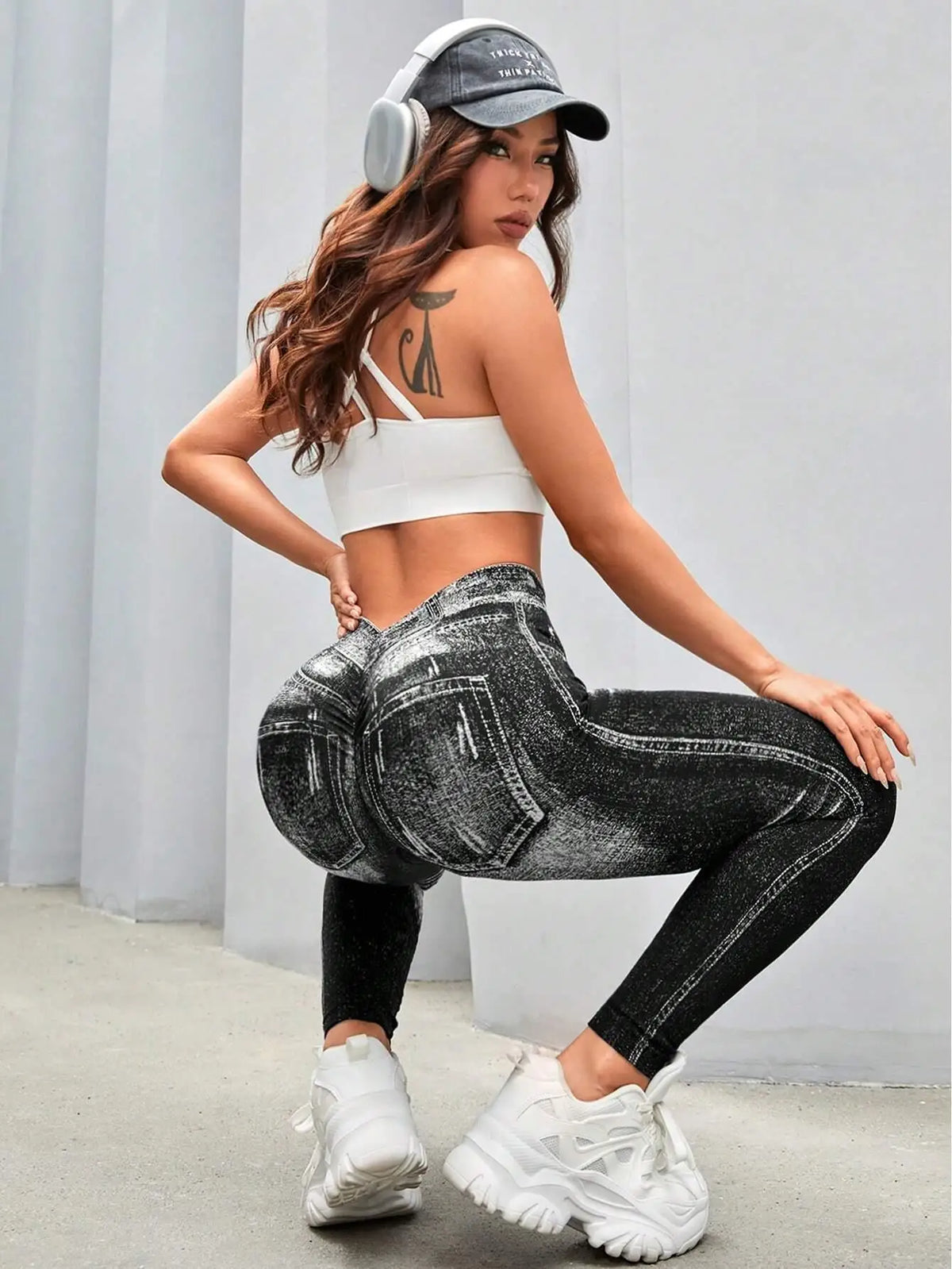 Women High Waisted Faux Denim Jeggings With Tummy Control