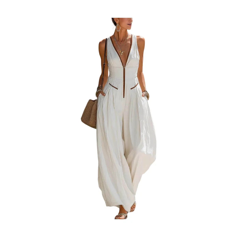 Women Deep V Neck Sleeveless Wide Leg Jumpsuit Front Zip