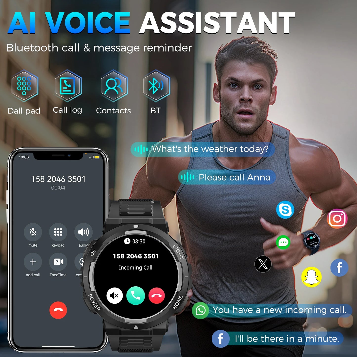 EIGIIS Men's Smartwatch With LED Flashlight And 100+ Sports Modes