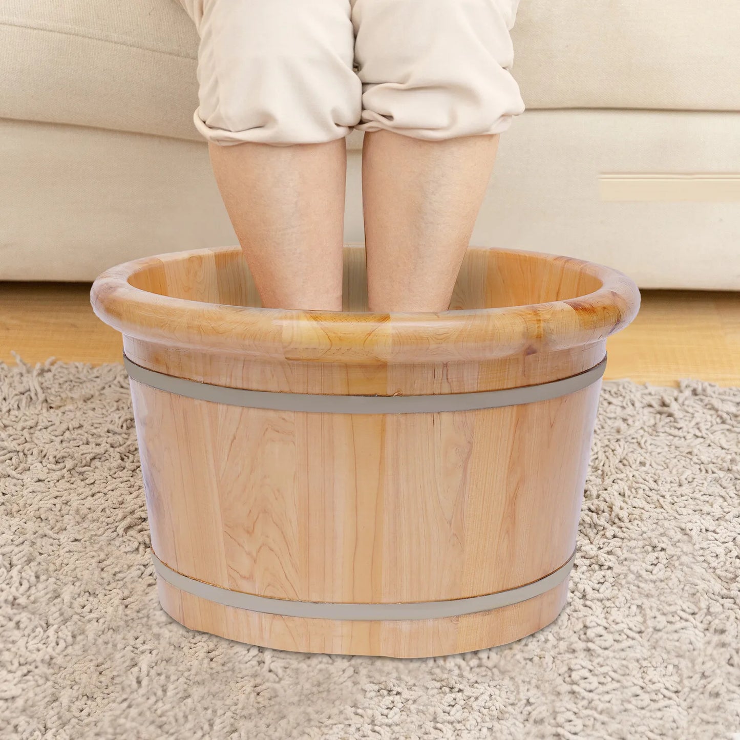 Cedar Wood Foot Bath Bucket With Lid And Massage Roller