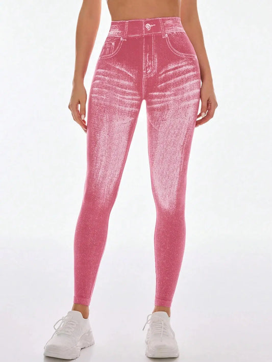Women High Waist Faux Denim Jeggings With Butt Lifting Support