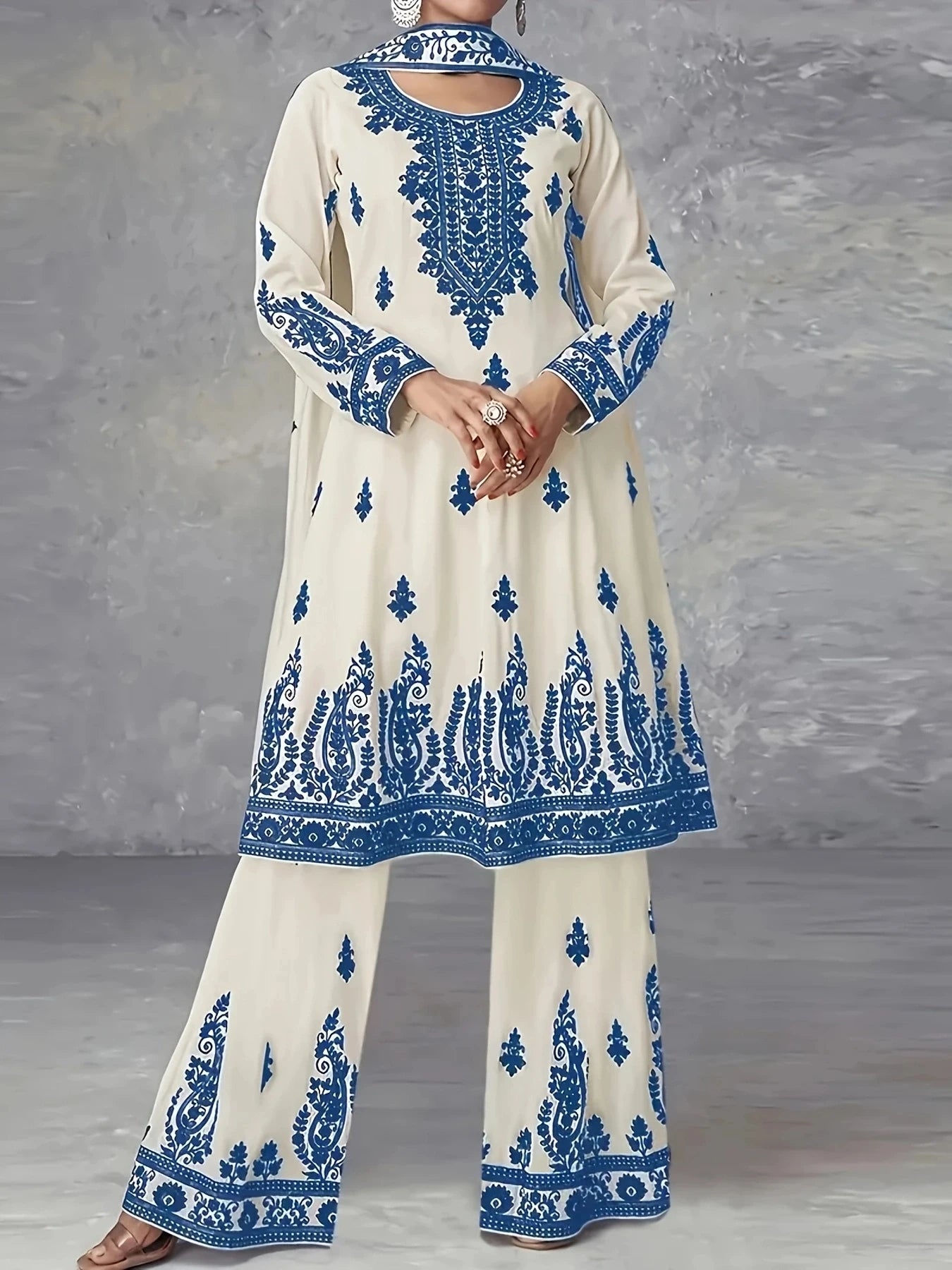 Printed Ethnic Style Three Piece Set With Headscarf