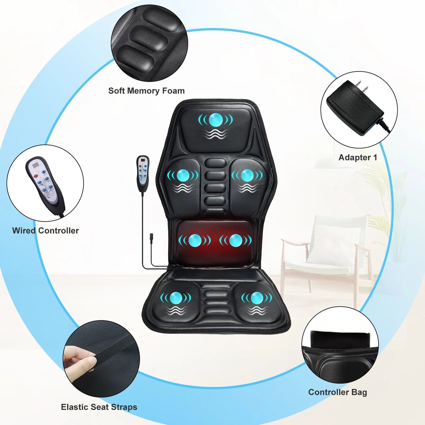 HOMEMASSA Massage Chair Pad With Heat Back Massager Seat Cushion