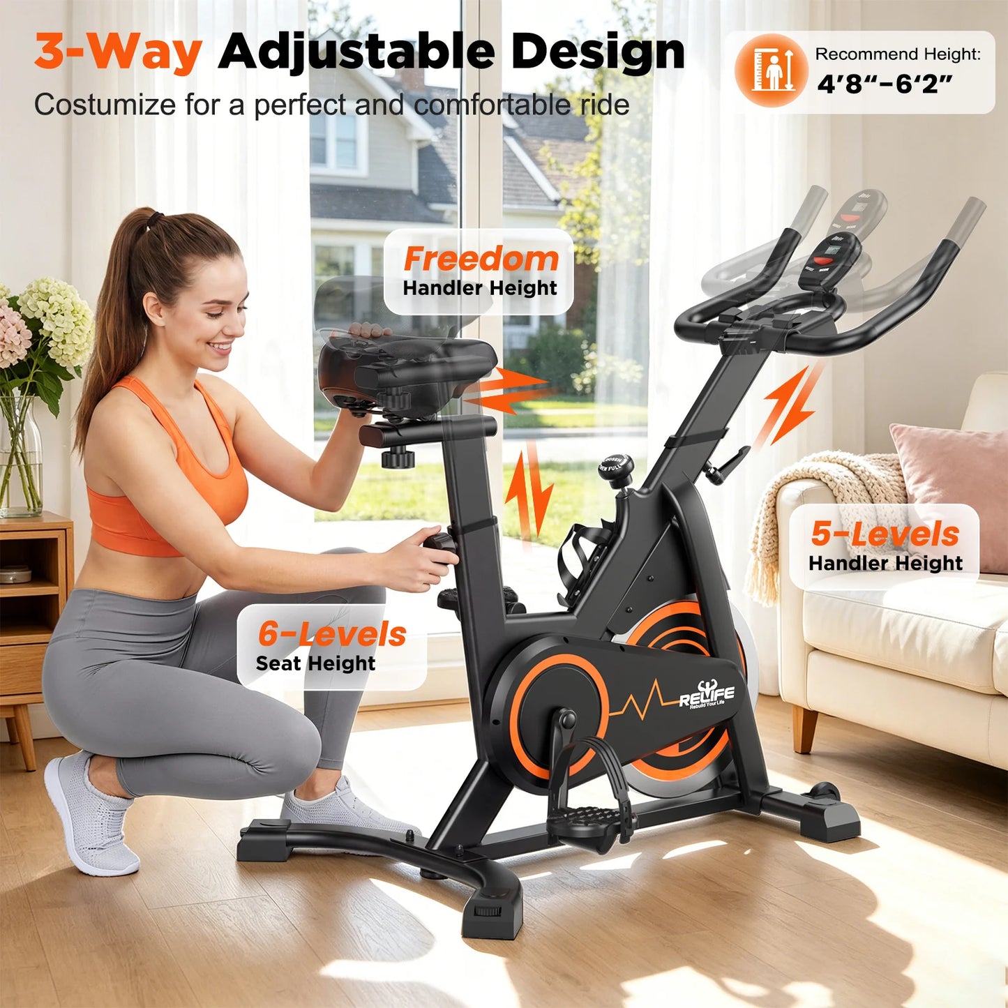 Relife Silent Belt Drive Stationary Bike With LCD Monitor Holder