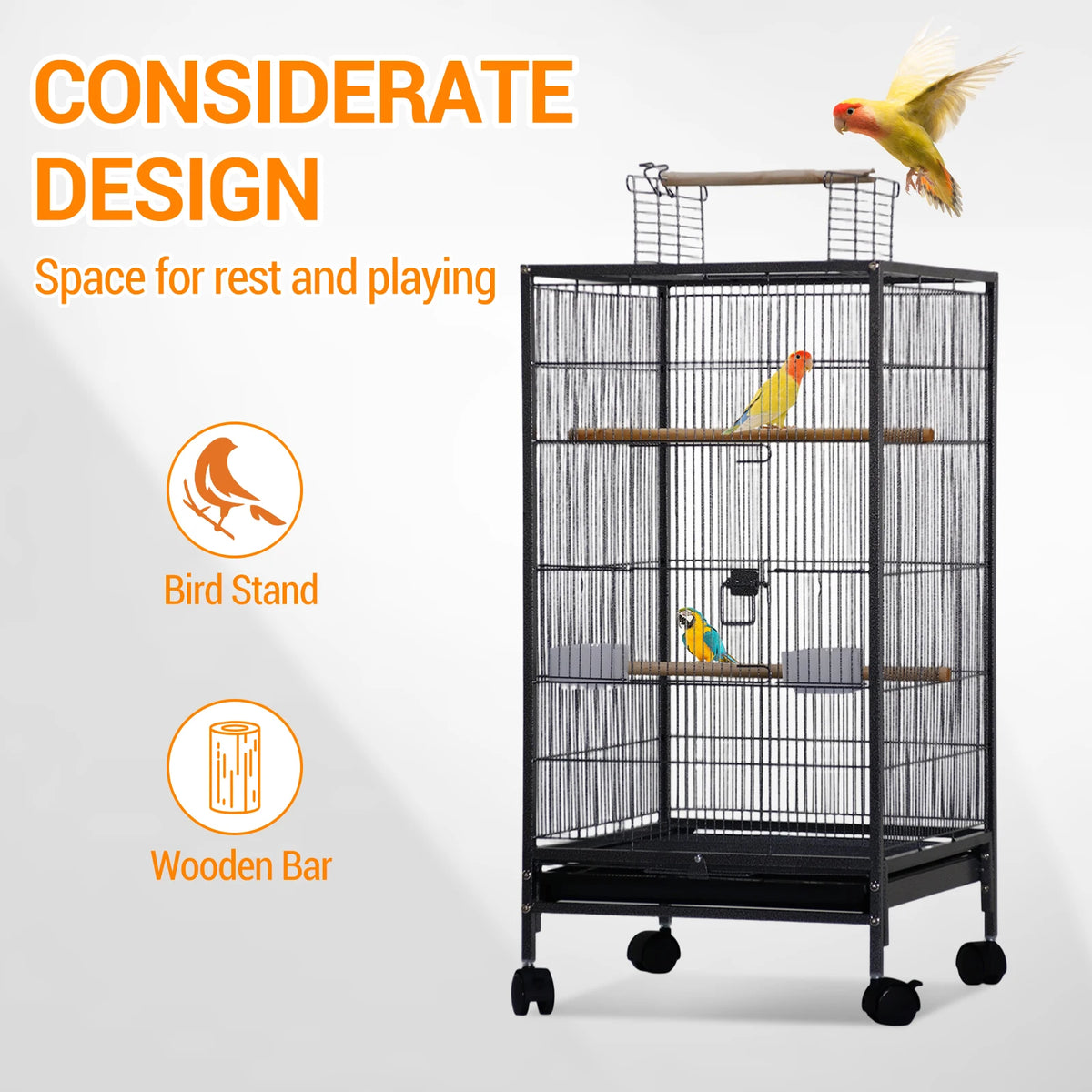 HiMISS Metal Bird Cage With Open Top Perches Wheels Tray